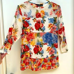Vtg Carole Little Sheer Summer Pullover w Roses Floral Panels Sz S/M